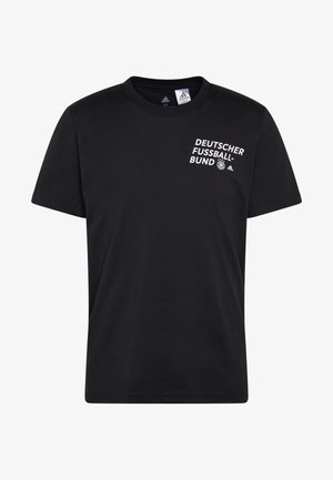 Camiseta de algodón negra con la inscripción "DEUTSCHER FUSSBALL-BUND" en texto blanco, logo de Adidas en el cuello, con cuello redondo y mangas cortas.