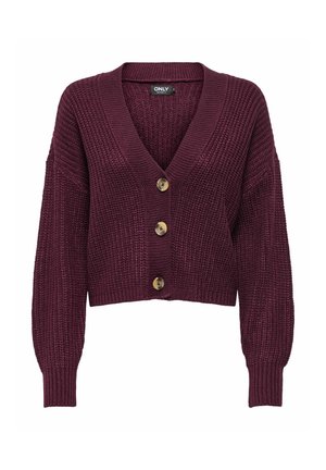 Burgundy cropped cardigan with a V-neck, textured knit pattern, and three large buttons down the front. Long sleeves with ribbed cuffs.