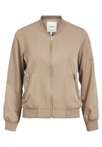 Beige Bomberjacke mit glatter Textur, Rippbündchen, zwei seitlichen Reißverschlusstaschen und einem Reißverschluss vorne. Schlichtes und funktionales Design.