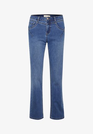 Blauwe denim jeans met een rechte snit, voorzien van twee voorzakken, een rits en een knoopsluiting. Contraststiksel langs de naden.