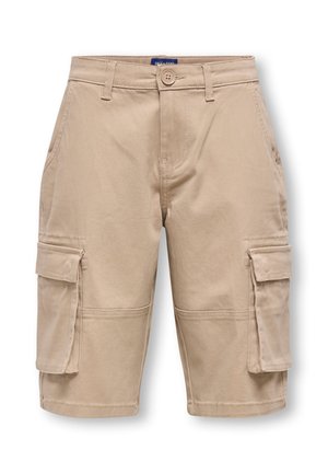 Beige cargoshorts van katoen, met een knoopsluiting, meerdere zijzakken en een rechte pasvorm. Soepele textuur.