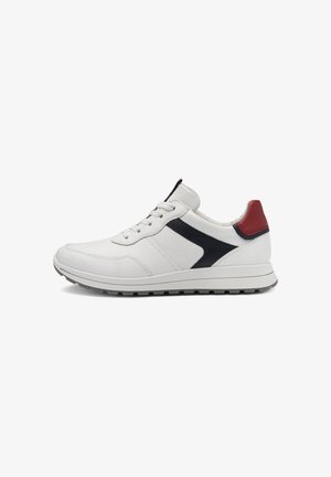 White leather sneaker with black side stripe, red heel accent, and white sole viewed from the outer side.