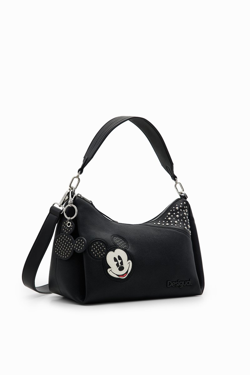 Black leather shoulder bag with studded accents, featuring a Mickey Mouse design and additional mouse-shaped charm. Adjustable strap included.