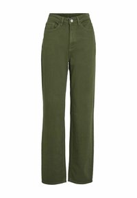 Pantalones de pierna recta de cintura alta en verde oliva, fabricados con algodón resistente, que cuentan con bolsillos frontales y un cierre simple de botón metálico.