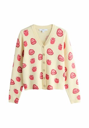 Cream cardigan with a V-neck, decorated with pink and red dessert motifs. Features five heart-shaped buttons down the front and ribbed cuffs.