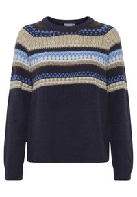Strikket sweater med rund halsudskæring, mørkeblå bund og multikolorede vandrette striber med mønstre i blå, beige og brun.