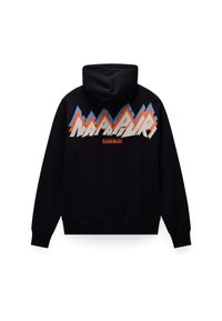 Felpa nera con cappuccio e tasca a canguro frontale, decorata con una grafica colorata di montagne e il logo "NAPAPURI" stampato sulla schiena.
