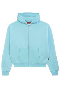 Világoskék cipzáras kapucnis pulóver elülső zsebekkel, hosszú ujakkal és kapucnival. Puha textilanyagból készült, bordás mandzsettákkal és derékpánttal.