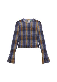 Blauw en bruin geruit cropped top met een smock-textuur, klokmouwen en een gerimpelde zoom. Ronde halslijn, lichtgewicht stof.