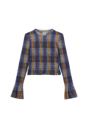 Blue and brown checked cropped top with a smocked texture, bell sleeves, and a frilled hem. Round neckline, lightweight fabric.