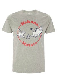 Šedé bavlněné tričko s grafikou tří kreslených postaviček a textem "Hakuna Matata" v červeném a tmavě modrém cirkulárním designu.