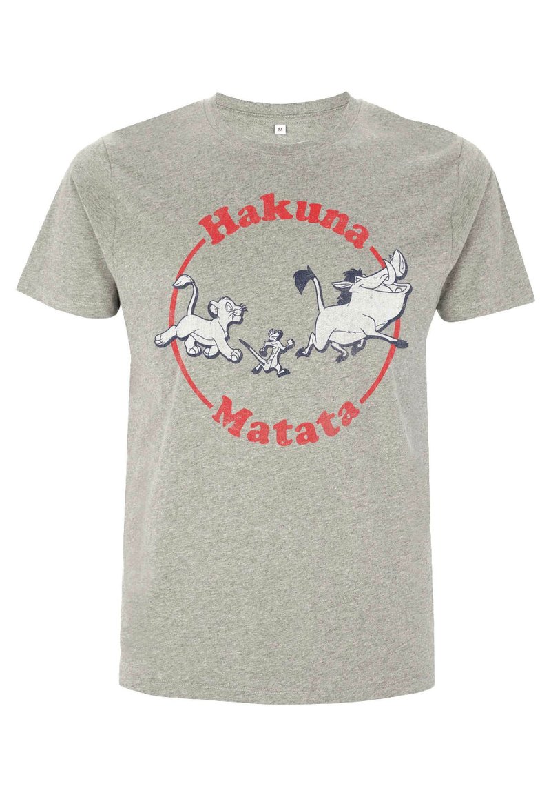 Šedé bavlněné tričko s grafikou tří kreslených postaviček a textem "Hakuna Matata" v červeném a tmavě modrém cirkulárním designu.