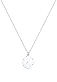 Collana d'argento con un pendente a forma di simbolo della pace circolare, con dettagli traforati, sospeso a una fine catena. Design minimalista.