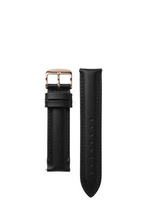 Schwarzes Lederarmband mit mehreren Einstelllöchern und einer goldfarbenen Schnalle auf weißem Hintergrund.