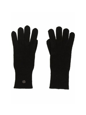 Schwarze gestrickte Handschuhe mit fünf Fingern. Rippstrick-Bündchen am Handgelenk. Verfügt über einen kleinen runden Akzent im Handgelenkbereich. Weiche Textur.
