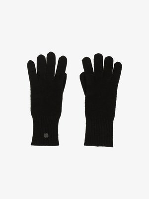 Black knitted gloves with five fingers. Ribbed wrist cuffs. Features a small circular accent on the wrist area. Soft texture.