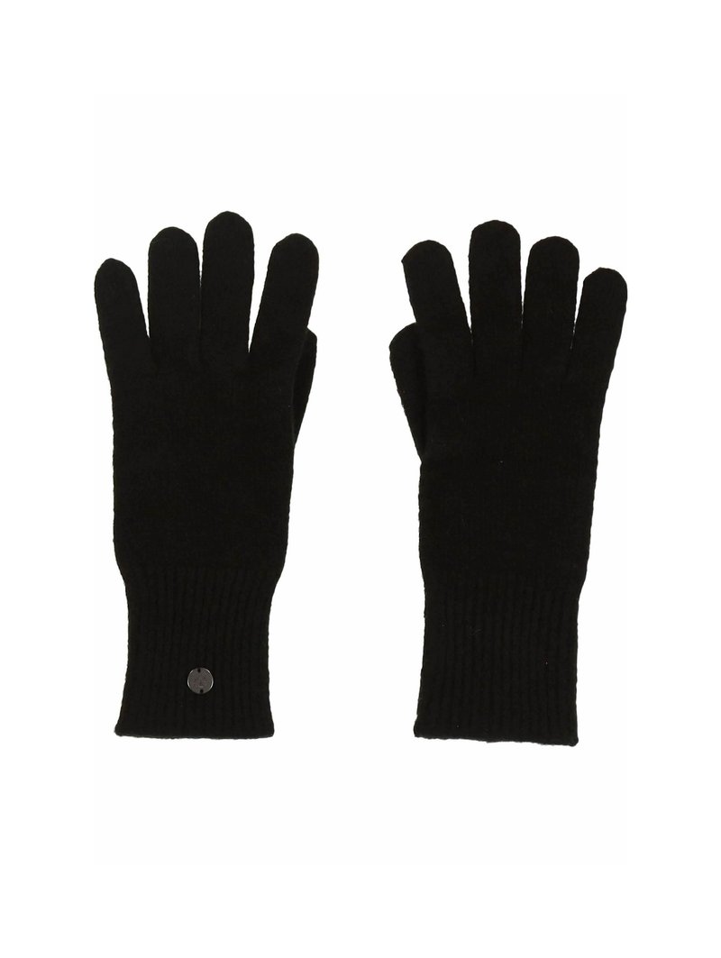 Schwarze gestrickte Handschuhe mit fünf Fingern. Rippstrick-Bündchen am Handgelenk. Verfügt über einen kleinen runden Akzent im Handgelenkbereich. Weiche Textur.