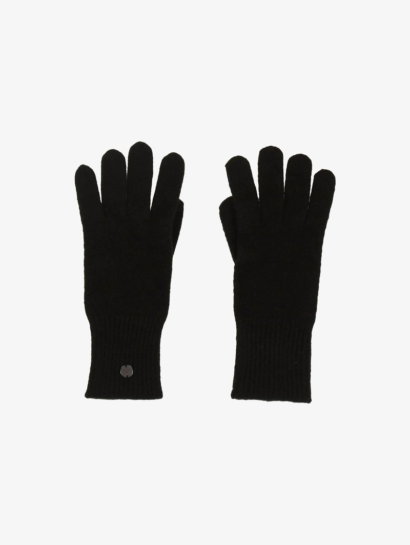 Črne pletene rokavice z petimi prsti. Rebrasti manšeti. Imajo majhen okrogel dodatek na predelu zapestja. Mehek občutek.