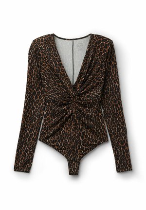 Bodysuit à manches longues en imprimé léopard noir et marron, présentant un décolleté en V profond et un détail twisté à l'avant pour plus de texture.