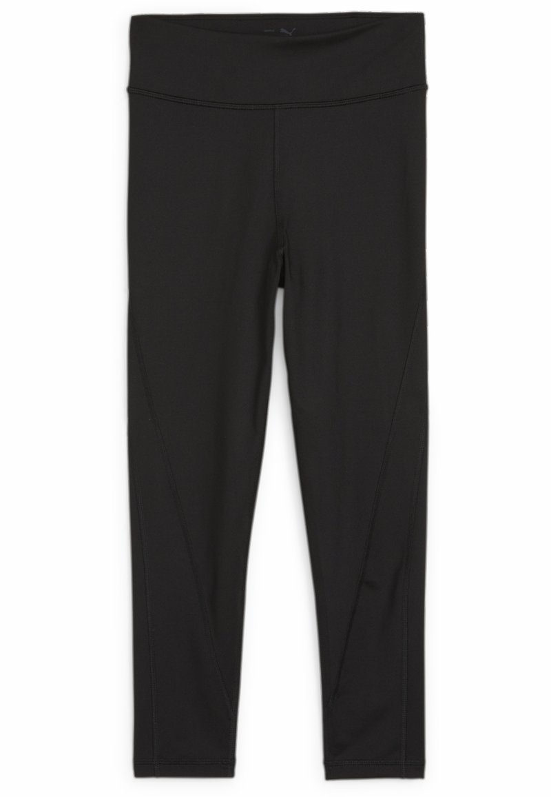 Fekete leggings széles derékrésszel, sima textúrával, keskenyedő lábszárakkal és finom oldalvarrás részletezéssel, rugalmas teljesítményanyagból készítve.