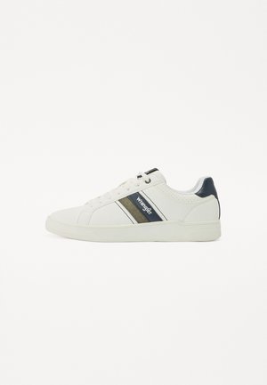 Weiße Sneakers mit navyfarbenen Akzenten, glatter Textur, Schnürdesign, seitlichen Streifen und Logodetail an der Seite. Flache Gummisohle.