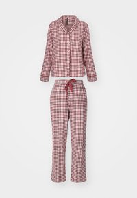 Rød- og hvidternet pyjamas sæt, der har en langærmet skjorte med knaplukning og bukser med drawstring i en løs pasform. Blød stofstruktur.