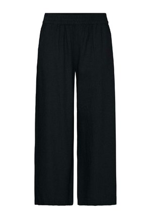 Pantalon large noir avec taille élastique, fabriqué en tissu léger, conçu pour une tenue décontractée ou de détente.