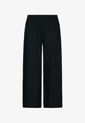 Pantalon large noir avec taille élastique, fabriqué en tissu léger, conçu pour une tenue décontractée ou de détente.