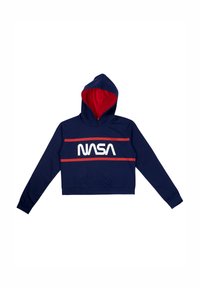 Felpa corta blu navy con interno rosso, caratterizzata da un logo "NASA" bianco e righe orizzontali rosse sul petto. Tessuto morbido.