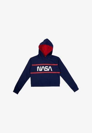 Felpa corta blu navy con interno rosso, caratterizzata da un logo "NASA" bianco e righe orizzontali rosse sul petto. Tessuto morbido.