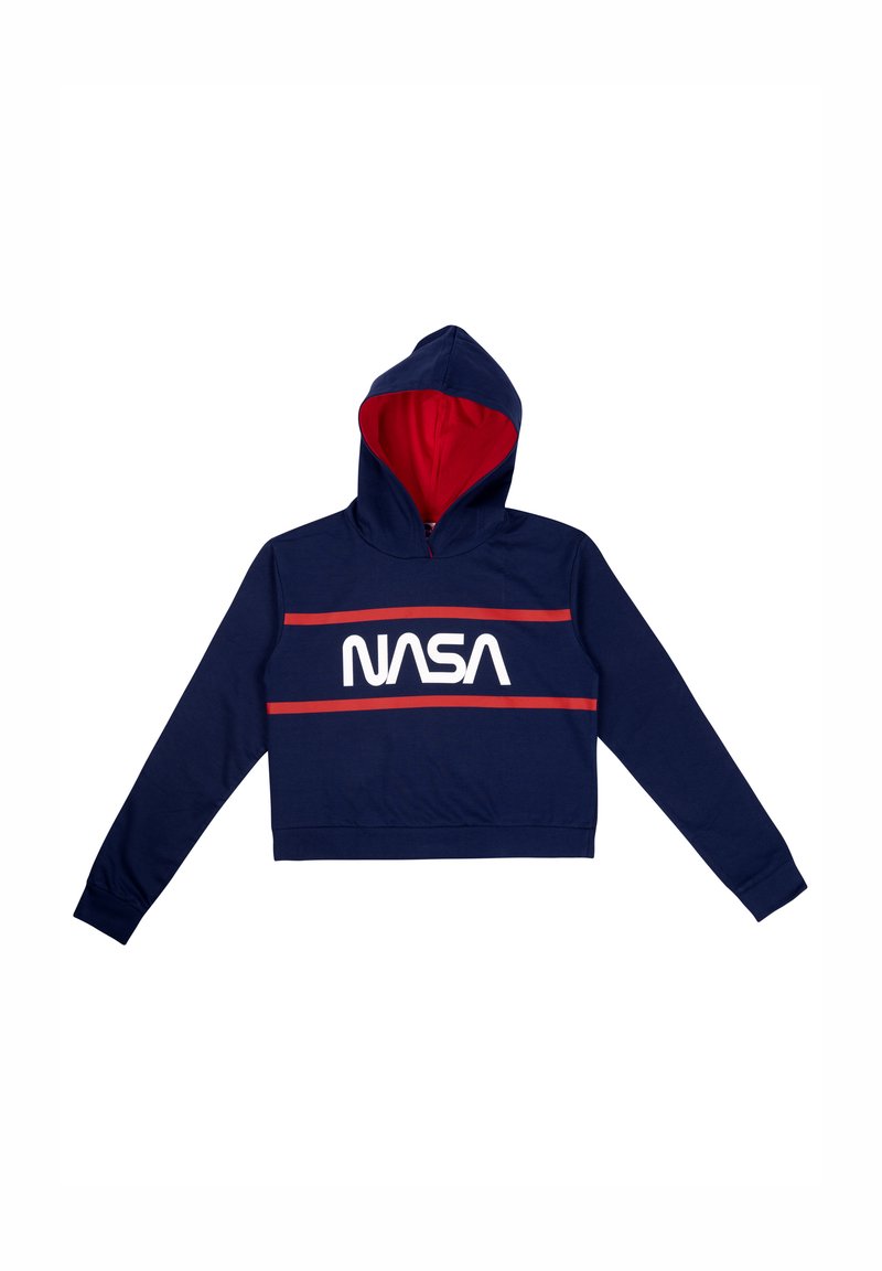 Felpa corta blu navy con interno rosso, caratterizzata da un logo "NASA" bianco e righe orizzontali rosse sul petto. Tessuto morbido.