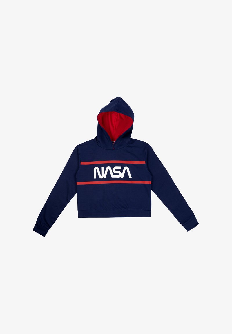 Felpa corta blu navy con interno rosso, caratterizzata da un logo "NASA" bianco e righe orizzontali rosse sul petto. Tessuto morbido.