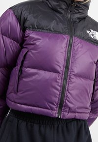 Black and purple puffer jacket with front zipper and hand pocket, featuring The North Face logo on the upper chest.