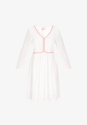 Valge kleit V-kaelusega, pikkade varrukatega ja kokku pandud vöökohaga. Kaunistatud roosade punutud detailidega kaela ja vöökohal. Sile tekstuur.