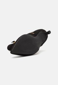 Pantofii eleganți cu toc înalt din suede negru, cu vârful ascuțit, prezentând un accent decorativ cu fermoar aurii și o talpă exterioară netedă de culoare neagră.