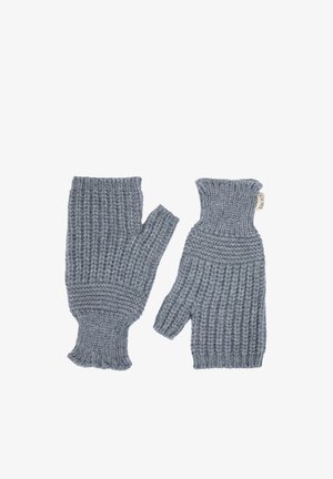 Paire de gants gris tricotés sans doigts avec un poignet côtelé et une étiquette au niveau du poignet, posés à plat sur un fond blanc.