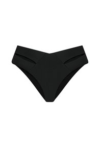 Czarny dolna część bikini z wycięciami po bokach, gładką teksturą i minimalistycznym designem. Wykonana z elastycznego, szybko schnącego materiału.