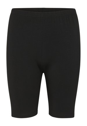 Czarne szorty stretchowe wykonane z gładkiego materiału, z elastycznym pasem w talii i dopasowanym krojem, kończące się powyżej kolana.