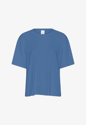 Blå, kortärmad, crewneck t-shirt tillverkad av lättviktsmaterial. Enkelt mönster med en avslappnad passform och inga synliga mönster eller detaljer.