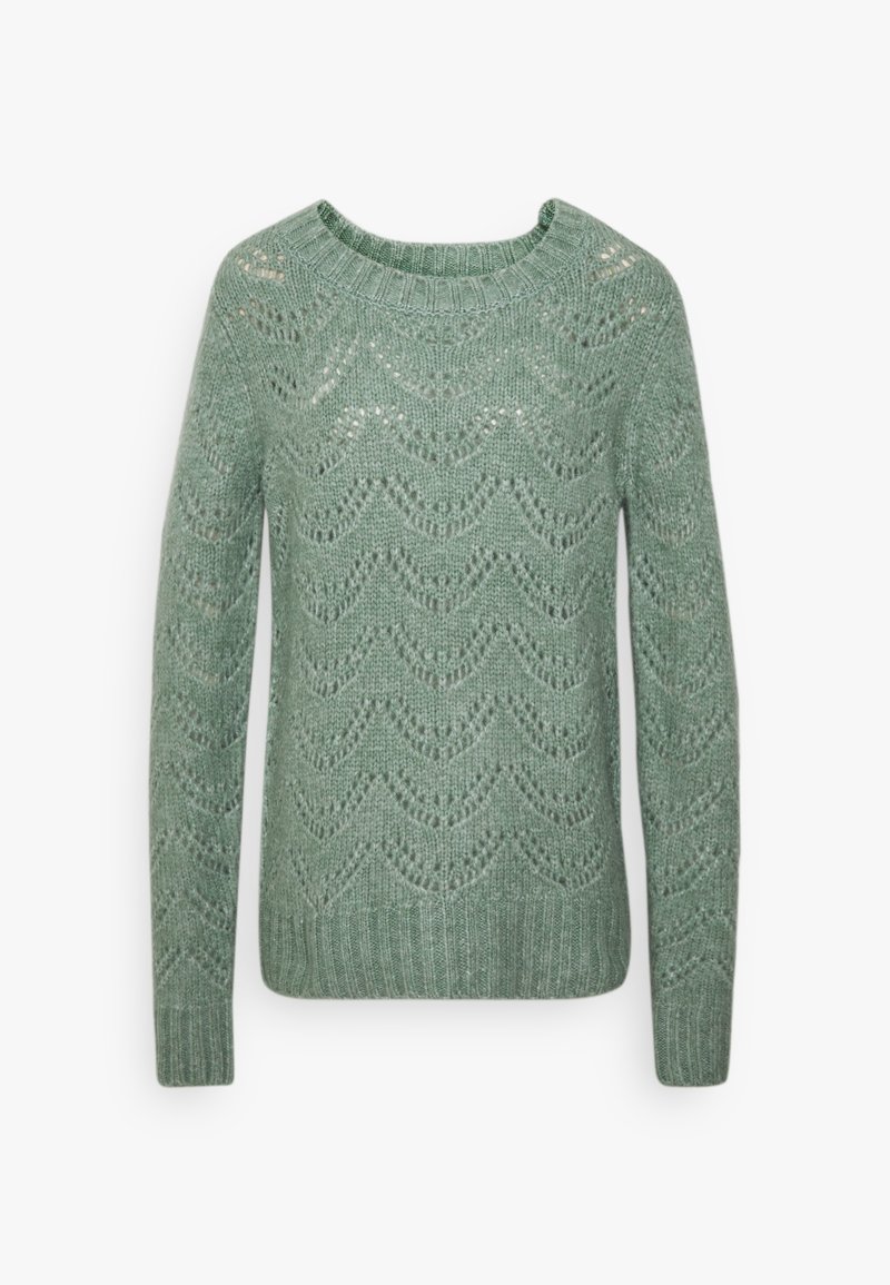 Pull vert en maille à manches longues avec motif en dentelle festonnée et col rond côtelé, poignets et ourlet.