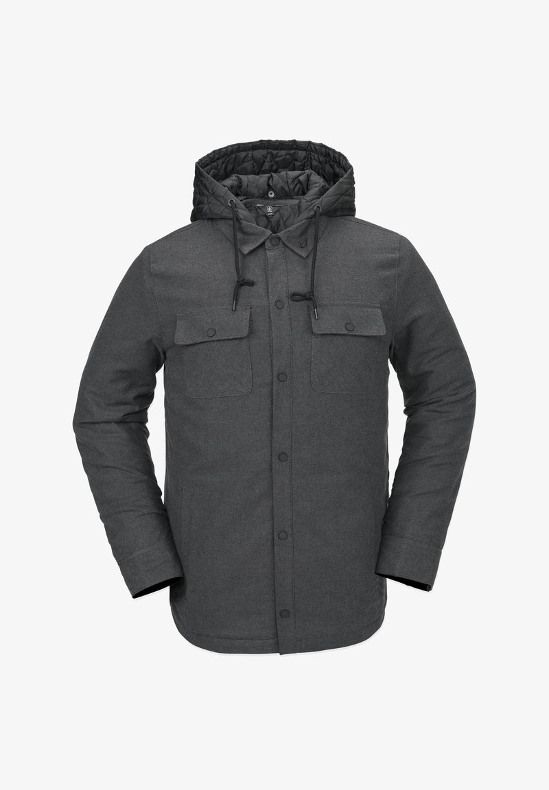 Gray puffer jacket with a detachable hood, chest pockets, front snaps, and drawstrings. Textured fabric with smooth inner lining.
