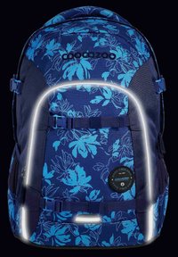 Blue floral-patterned backpack with reflective accents, adjustable straps, a circular logo patch, and multiple compartments. Textured fabric.