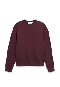Bordeaux sweatshirt gemaakt van zachte stof, met een ronde hals, lange mouwen en geribbelde manchetten en zoom. Gladde textuur, minimalistisch design.