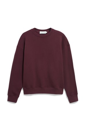 Sweat-shirt bordeaux en tissu doux, avec un col rond, des manches longues, et des poignets et un ourlet côtelés. Texture lisse, design minimaliste.