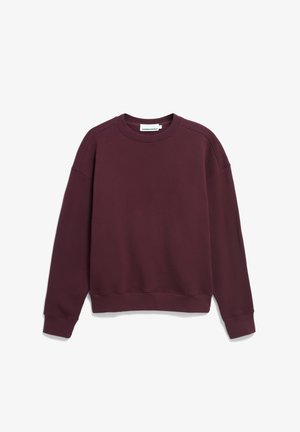 Bordeaux sweatshirt gemaakt van zachte stof, met een ronde hals, lange mouwen en geribbelde manchetten en zoom. Gladde textuur, minimalistisch design.