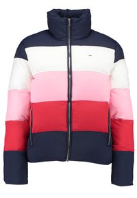 Padded color-block jacket featuring horizontal stripes in navy, white, pink, and red. High collar and front zip closure, with side pockets.