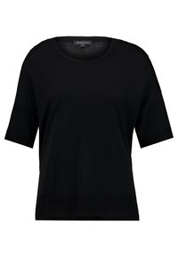 Czarny dzianinowy top z krótkim rękawem, okrągłym dekoltem i ściągaczem na dole, prezentowany na białym tle.