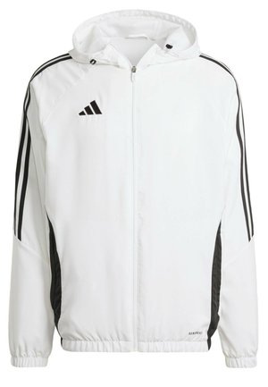 Witte sportjack met capuchon, met zwarte strepen langs de mouwen en een Adidas-logo op de bovenste linkerborst. Elastische manchetten.