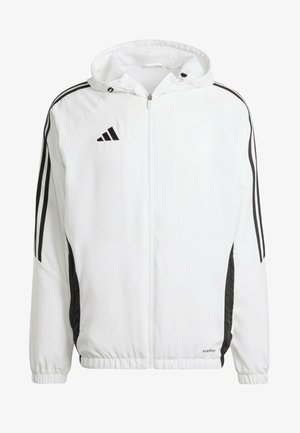 Veste de sport blanche avec capuche, dotée de rayures noires le long des manches et d'un logo Adidas sur la partie supérieure gauche de la poitrine. Poignets élastiques.