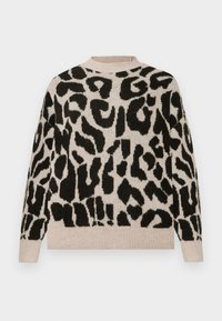 Bežani pulover s odvažnim crnim uzorkom leopard, s okruglim izrezom i rebrastim manžetama i rubom za suptilnu teksturu.